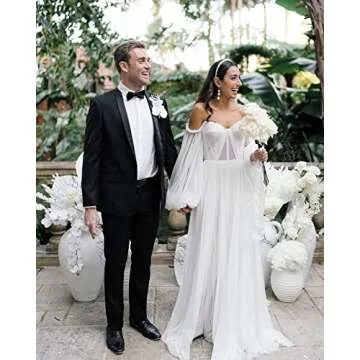 White Gowns Puffy Sleeve Prom Dress Tulle Wedding Dress for Women Formal Off Shoulder Ball Evening Gowns with Slit Size 8