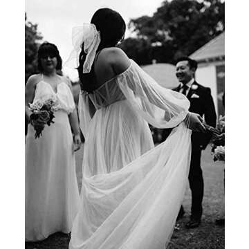 White Gowns Puffy Sleeve Prom Dress Tulle Wedding Dress for Women Formal Off Shoulder Ball Evening Gowns with Slit Size 8