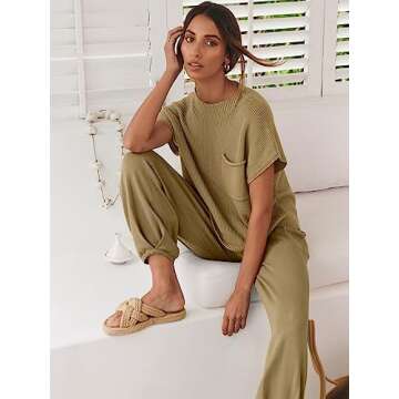 Caracilia Womens Two Piece Outfits Knit Sweater Sets Matching Lounge Set Sweatsuit Tracksuit Summer Trendy Clothes Brown L