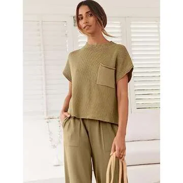 Caracilia Womens Two Piece Outfits Knit Sweater Sets Matching Lounge Set Sweatsuit Tracksuit Summer Trendy Clothes Brown L