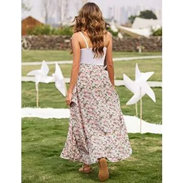 Bluetime Women Floral Print Casual A-Line Maxi Skirts Chiffon Cover Up Dress Summer Boho Long Skirts (M, Floral19)
