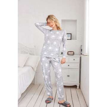 Ekouaer Womens Pajama Set Long Sleeve Sleepwear Star Print Nightwear Soft Pjs Lounge Sets with Pockets light Grey White Star Medium