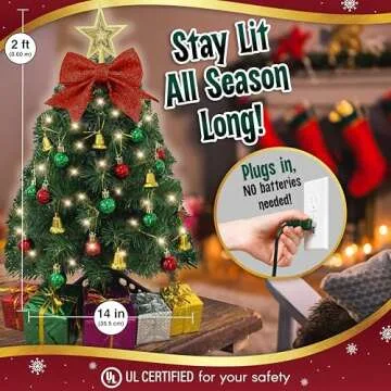 Small Christmas Tree with Lights - 23 Inch Mini Tabletop Christmas Tree with Warm-White LED Lights, Hanging Ornaments, Decorative Bow and Gift Boxes - Prelit Table Tree for DIY Christmas Decoration