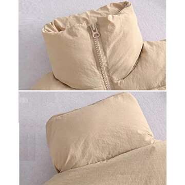 Shiyifa Women's Fashion High Neck Zipper Cropped Puffer Vest Jacket Coat (Beige, Large)