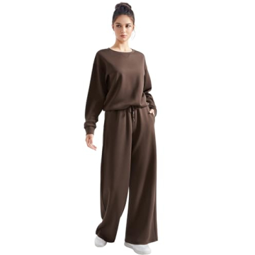 SUUKSESS Women Modal 2 piece outfits Oversized Sweatshirt Fall Lounge Set Wide Leg Pants Matching Sets (Brown,M)