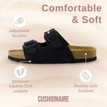 CUSHIONAIRE Lane Cork Footbed Sandals for Women – Comfortable Double Buckle Slip-On with Genuine Suede Footbed & Arch Support Slides for Women Footwear, BLACK 8.5