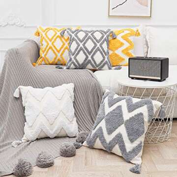 PLWORLD Boho Gray Throw Pillow Cover 18x18 Inch with Tassels, Grey Moroccan Tufted Decorative Cream Chenille Fabric Accent Textured Cushion Case for Bed Couch, 1 PC Cover Only No Insert