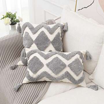 PLWORLD Boho Gray Throw Pillow Cover 18x18 Inch with Tassels, Grey Moroccan Tufted Decorative Cream Chenille Fabric Accent Textured Cushion Case for Bed Couch, 1 PC Cover Only No Insert