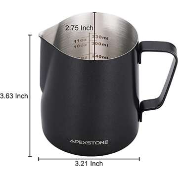 Apexstone Black Espresso Milk Frothing Pitcher 12 oz, Espresso Steaming Pitcher 12 oz, Coffee Milk Frothing Cup, Coffee Steaming Pitcher 12 oz/350 ml, Art Pen NOT Included