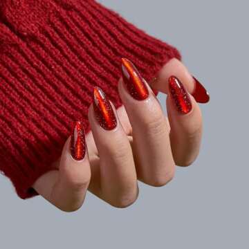 BTArtbox Press On Nails Almond - Deep Red Sparkly Stick on Nails, Glossy Fake Nail Tips Medium in 15 Size, Mystic Ruby