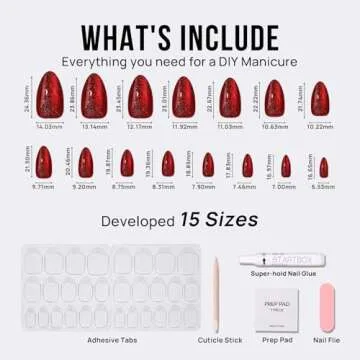 BTArtbox Press On Nails Almond - Deep Red Sparkly Stick on Nails, Glossy Fake Nail Tips Medium in 15 Size, Mystic Ruby