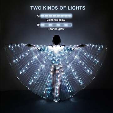 iMucci LED Wings Light Up Fairy Wings Isis Wings - Bellydance Glow Angel Wings with Telescopic Sticks Flexible Rods for Adults and Child White