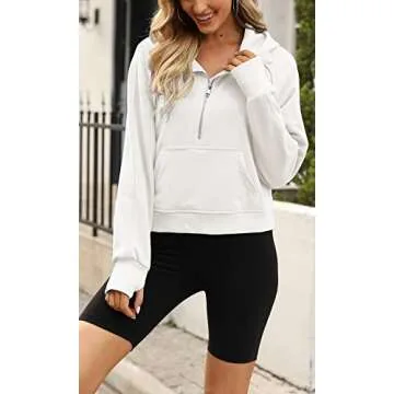Womens Hooded Pullover Sweatshirts Half Zipper Crop Hoodie Fleece Lined Collar Zip Up Hoodies Cropped Long Sleeve Tops 1 - White Medium