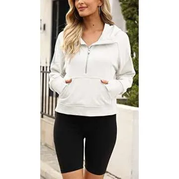 Womens Hooded Pullover Sweatshirts Half Zipper Crop Hoodie Fleece Lined Collar Zip Up Hoodies Cropped Long Sleeve Tops 1 - White Medium