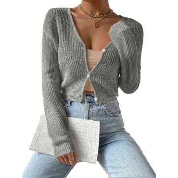 Verdusa Women's Drop Shoulder Long Sleeve Button Up Knit Cardigan Sweater Grey Medium