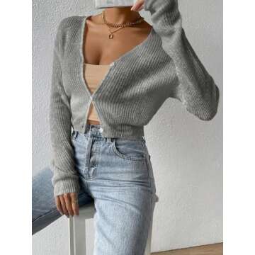 Verdusa Women's Drop Shoulder Long Sleeve Button Up Knit Cardigan Sweater Grey Medium