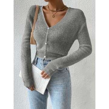 Verdusa Women's Drop Shoulder Long Sleeve Button Up Knit Cardigan Sweater Grey Medium