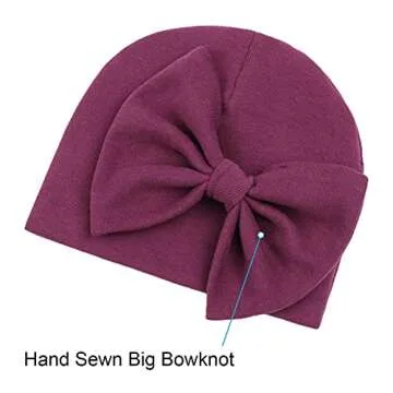Newborn Baby Girl Hat Cotton Baby Bow Beanie Preemie Hats Spring Infant Hats for Girls 0-12 Months (Skin Pink+Deep Purple+White, 0-6 Months)