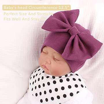 Newborn Baby Girl Hat Cotton Baby Bow Beanie Preemie Hats Spring Infant Hats for Girls 0-12 Months (Skin Pink+Deep Purple+White, 0-6 Months)