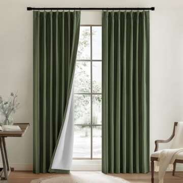 MIULEE Olive Green Pinch Pleated 100% Blackout Linen Curtains 90 Inch Length 2 Panels Set, Dark Green Pleat Curtains with Pin Hooks, Black Out Room Darkening Drapes for Bedroom Living Room Window