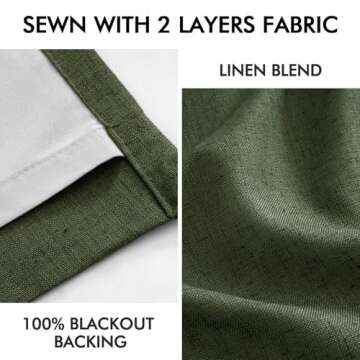 MIULEE Olive Green Pinch Pleated 100% Blackout Linen Curtains 90 Inch Length 2 Panels Set, Dark Green Pleat Curtains with Pin Hooks, Black Out Room Darkening Drapes for Bedroom Living Room Window