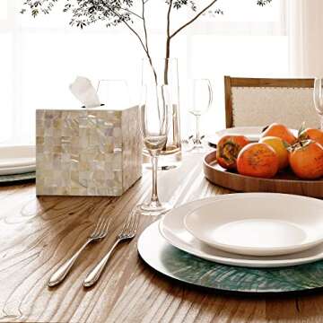 PEMAR 5.9” Cube Mother of Pearl Tissue Box Cover, Decorative Napkin Dispenser Organizer, Rustic Fa...