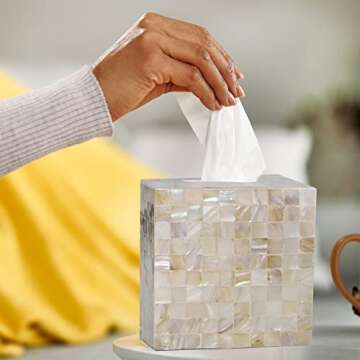 PEMAR 5.9” Cube Mother of Pearl Tissue Box Cover, Decorative Napkin Dispenser Organizer, Rustic Farmhouse Vintage Decor for Table, Kitchen, Bathroom Vanity Countertop, Office (White Sand)