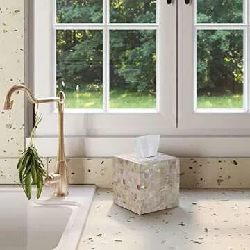 PEMAR 5.9” Cube Mother of Pearl Tissue Box Cover, Decorative Napkin Dispenser Organizer, Rustic Farmhouse Vintage Decor for Table, Kitchen, Bathroom Vanity Countertop, Office (White Sand)