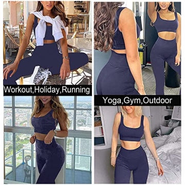 TWFRHC Women's Workout Sets Ribbed Tank 2 Piece Seamless High Waist Gym Outfit Yoga Shorts Sets