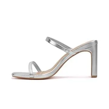 Carcuume Women's Square Toe Sandals Two Strap Open Toe Block Heels Slip On Weddings Shoes,AUTOFAUNA-SILVER PU-7