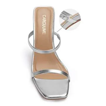 Carcuume Women's Square Toe Sandals Two Strap Open Toe Block Heels Slip On Weddings Shoes,AUTOFAUNA-SILVER PU-7