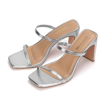 Carcuume Women's Square Toe Sandals Two Strap Open Toe Block Heels Slip On Weddings Shoes,AUTOFAUNA-SILVER PU-7