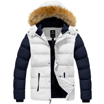 Wantdo Men's Warm Puffer Coat - Hooded Waterproof Winter Jacket (White, Large)