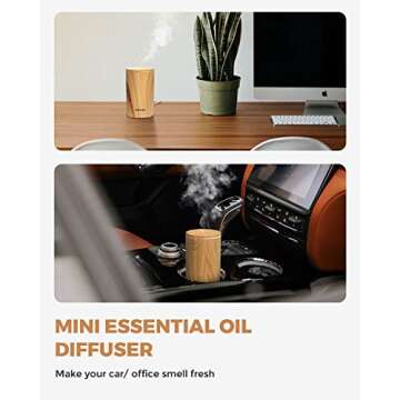 muson Mini Essential Oil Diffuser Aroma Cool Mist Humidifier for Car Office Travel with Colorful Mood Lights, USB Powered, Ultra Quiet, Auto Shutoff, 100 ml, Wood Grain