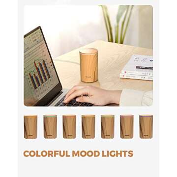 muson Mini Essential Oil Diffuser Aroma Cool Mist Humidifier for Car Office Travel with Colorful Mood Lights, USB Powered, Ultra Quiet, Auto Shutoff, 100 ml, Wood Grain