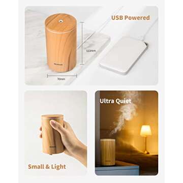 muson Mini Essential Oil Diffuser Aroma Cool Mist Humidifier for Car Office Travel with Colorful Mood Lights, USB Powered, Ultra Quiet, Auto Shutoff, 100 ml, Wood Grain