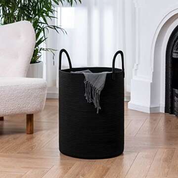 Goodpick Laundry Basket, Black Woven Rope Basket Tall Modern Laundry Hamper for Clothes, Blankets, T...