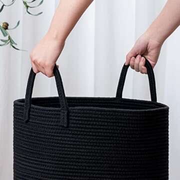 Goodpick Laundry Basket, Black Woven Rope Basket Tall Modern Laundry Hamper for Clothes, Blankets, Toys, Towels, Pillows, Laundry Bin for Living Room, Bedroom, Entryway, 15 x 20 inches, 58L