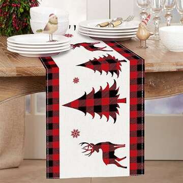 Netnology Red and Black Buffalo Plaid Christmas Deer Trees Snowflakes Table Runner 72 Inches Long Se...