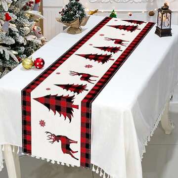 Netnology Red and Black Buffalo Plaid Christmas Deer Trees Snowflakes Table Runner 72 Inches Long Seasonal Winter Xmas Holiday Farmhouse Style Table Decoration Indoor Home Kitchen Dining Decor
