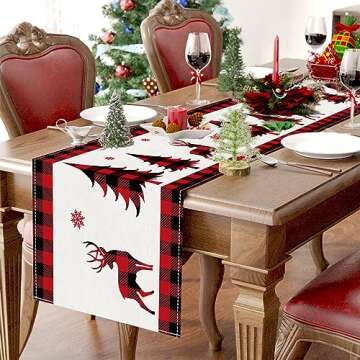 Netnology Red and Black Buffalo Plaid Christmas Deer Trees Snowflakes Table Runner 72 Inches Long Seasonal Winter Xmas Holiday Farmhouse Style Table Decoration Indoor Home Kitchen Dining Decor