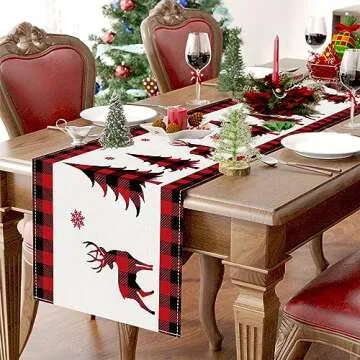 Netnology Red and Black Buffalo Plaid Christmas Deer Trees Snowflakes Table Runner 72 Inches Long Seasonal Winter Xmas Holiday Farmhouse Style Table Decoration Indoor Home Kitchen Dining Decor