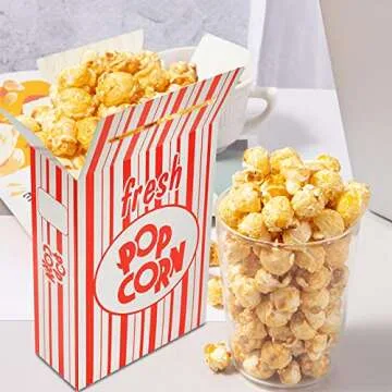 Fasmov 100 Pack Paper Popcorn Boxes, 6" L x 2 1/2"W x 8 1/2 "H Close Top Movie Theater Popcorn Boxes, Popcorn Containers for Movie Party and Theater Night (Red and White Stripes)