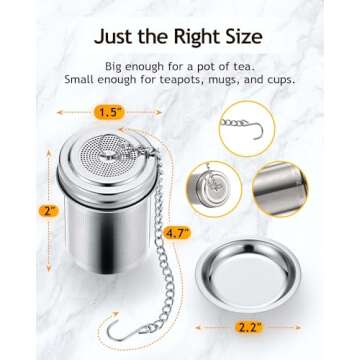 House Again 2 Pack Tea Infuser, Extra Fine Mesh Tea Infusers for Loose Tea, 18/8 Stainless Steel Tea Strainer with Extended Chain Hook, Tea Steeper for Brew Tea, Spices & Seasonings