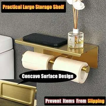 Alise Double Toilet Paper Holder,Bathroom Tissue Holder with Shelf,SUS304 Stainless Steel Toilet Paper Roll Holder Storage Dispenser,Self Adhesive or Wall Mount Drilling Paper Rack,Brushed Golden