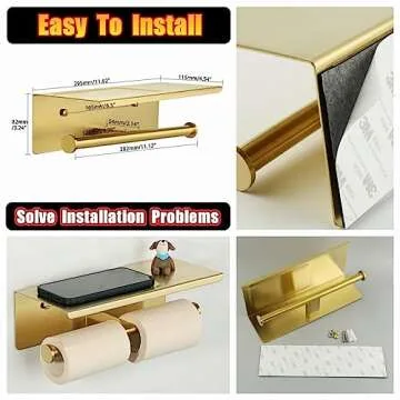 Alise Double Toilet Paper Holder,Bathroom Tissue Holder with Shelf,SUS304 Stainless Steel Toilet Paper Roll Holder Storage Dispenser,Self Adhesive or Wall Mount Drilling Paper Rack,Brushed Golden