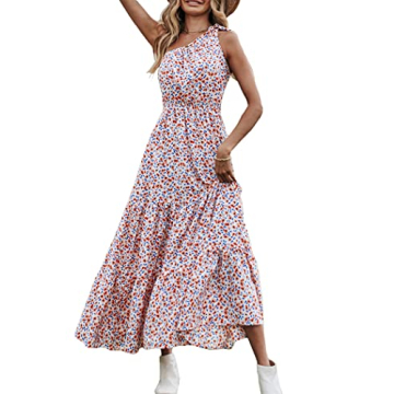 PRETTYGARDEN Women's Summer Floral Maxi Dress Knot One Shoulder Sleeveless Ruffle Flowy Boho Beach W...