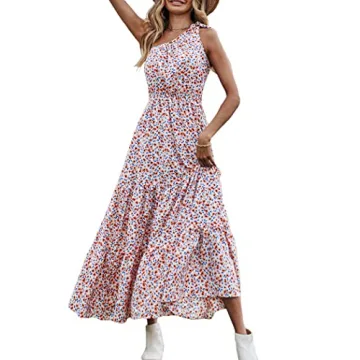PRETTYGARDEN Women's Summer Floral Maxi Dress Knot One Shoulder Sleeveless Ruffle Flowy Boho Beach W...