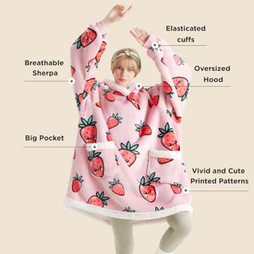 Bedsure Wearable Blanket Hoodie, Sherpa Hooded Blanket Printed for Adult & Kids as Gifts for Women, ...