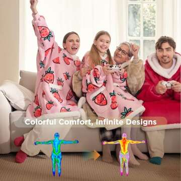 Bedsure Wearable Blanket Hoodie, Sherpa Hooded Blanket Printed for Adult & Kids as Gifts for Women, Mom Gifts Sherpa Hoodie, Standard, Strawberry, Bright Pink